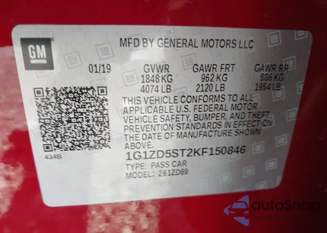 2019 Chevrolet Malibu Lt z USA, uszkodzony, nr VIN 1G1ZD5ST2KF150846